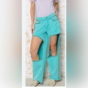 POL Turquoise Studded Straight Leg Jeans Festival Y2K Size Medium